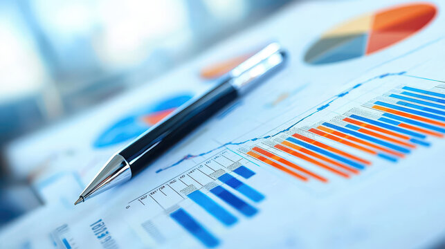 Business report with colorful graphs and charts, showcasing data analysis and trends, accompanied by sleek pen