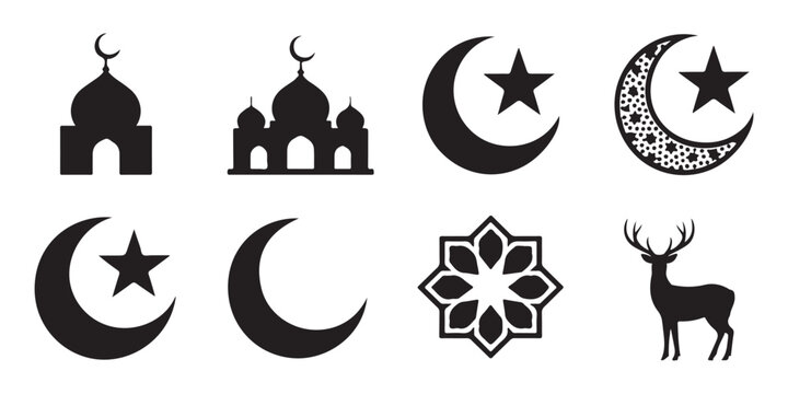 Islamic religious symbols set with mosques crescent moons star mandala patterns and majestic deer silhouettes.