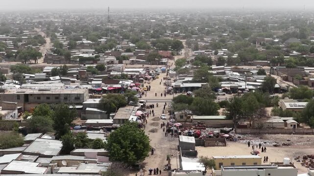 Drone view of N Djamena residential cityscape and rooftops, April 25, 2026, Chad, N Djamena