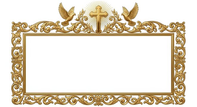 Ornate golden frame with Christian cross and dove. Religious decorative border for Easter celebration or baptism invitation. Vintage baroque style element for liturgical card design.