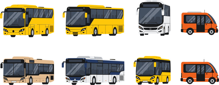 Vector Set of Different Bus Designs Including Yellow, Orange, and White Buses for Transportation, Vehicle, and City Design Projects
