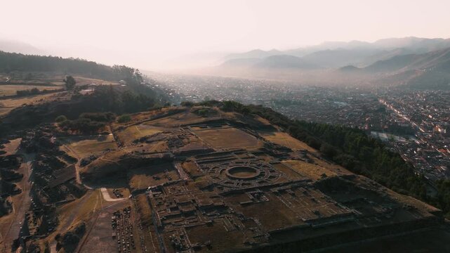 Aerial view of Sacsayhuam&aacute;n, an ancient Inca archaeological site overlooking Cusco, Peru. Massive stone walls and terraces highlight the engineering of the Inca civilization.
