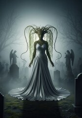 Fototapeta premium Surreal Tree Spirit Bride in Eerie Foggy Graveyard at Night - Mystical Gothic Fantasy Illu