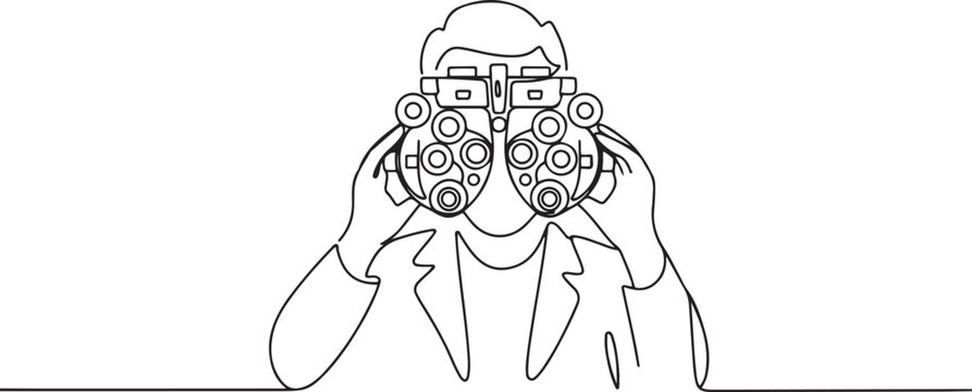 Ophthalmologist eye testing frame, Eye doctor holding eye testing frame vector illustration, Sketch drawing of eye OPD examination equipment. one line Icon drawing