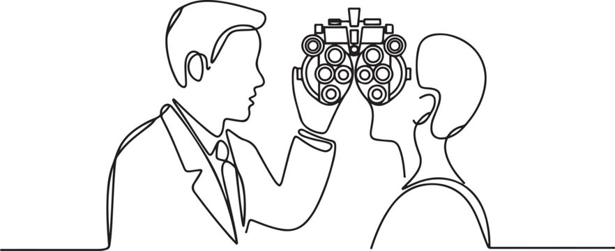 Ophthalmologist eye testing frame, Eye doctor holding eye testing frame vector illustration, Sketch drawing of eye OPD examination equipment. one line Icon drawing