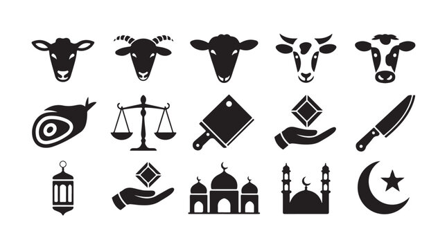 Eid al-adha celebration traditional elements silhouette icons set, islamic holiday symbols solid collection.