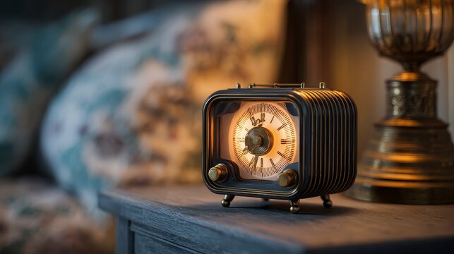 A vintage-style clock radio sits on a bedside table illuminated by soft, warm light, alongside a decorative lamp
