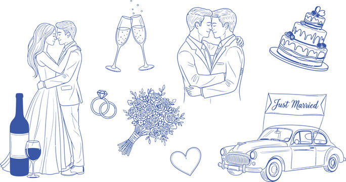 Wedding collection sketch romantic couple champagne cake rings and vintage car illustration