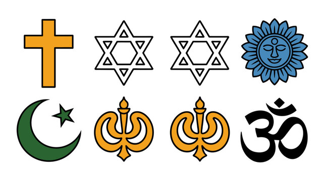 Set of eight religious and spiritual symbols including cross, star of david, om, moon star, and sun face