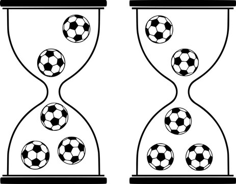 Hourglasses filled with black and white soccer balls, representing time sport