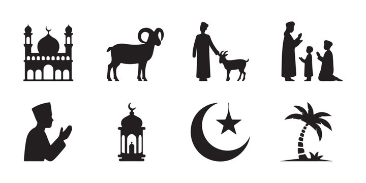 Islamic culture icon set featuring ram sacrificial animal mosque building prayer silhouette and crescent moon.