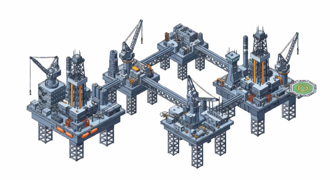 Offshore oil rig platform complex with cranes and structures.