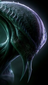 Ein detailliertes digitales Kunstwerk zeigt einen bedrohlich wirkenden au&szlig;erirdischen Krieger in Lila- und Gr&uuml;nt&ouml;nen.