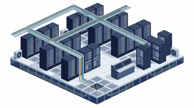 Modern Data Center Server Racks and Networking Equipment.