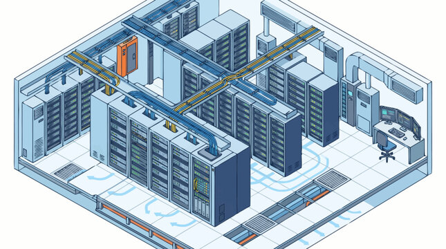 Modern Data Center Server Room with Racks and Cooling Systems.