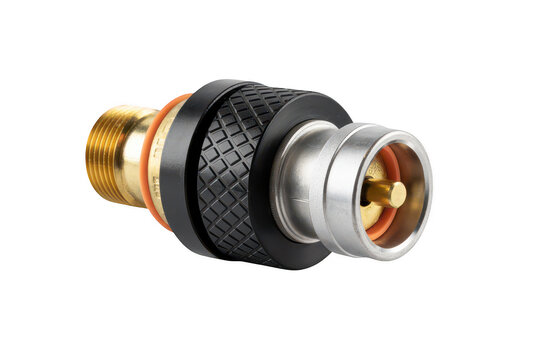 Industrial metal pipe connector with brass thread and black knurled grip isolated on a transparent background