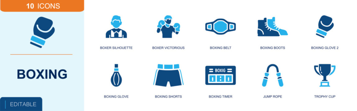 Boxing icon set. Containing boxer silhouette, title belt, boxing boots, boxing glove, punching bag, boxing shorts, jump rope, round timer, trophy cup and more. Solid fill vector icons.