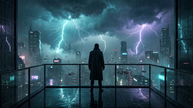 Lone Silhouette on Rooftop Overlooking Futuristic City in Thunderstorm
