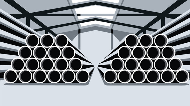 Two symmetric mounds of round black metal pipes are neatly stored inside an open-air industrial warehouse framed by steel ceiling trusses and a bright central skylight.