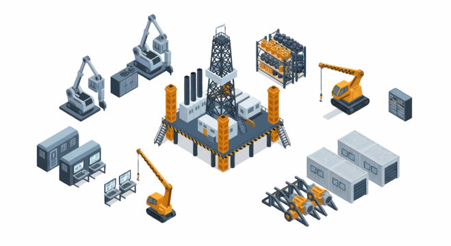 Offshore oil rig and industrial equipment isometric illustration.