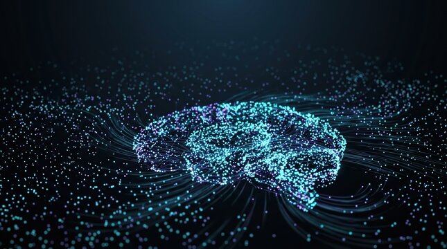 Glowing blue brain network visualization with nodes and connections on dark background representing artificial intelligence and machine learning concepts