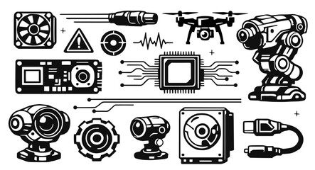 Obraz premium Cyberpunk Hardware Technology Set Futuristic Robot Drone Circuit Vector Collection