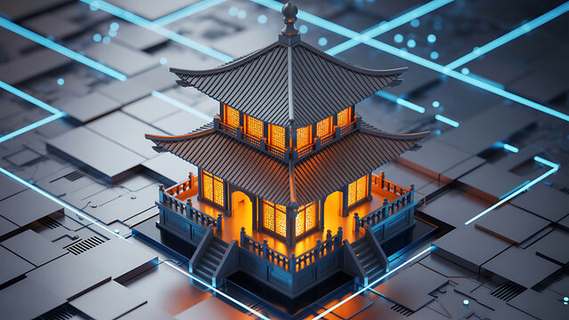 A small chinese pagoda with orange lights on a futuristic circuit board background with blue lines