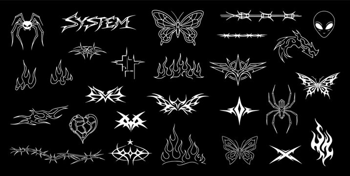 Y2K Tribal Cyber Goth Symbols Set Butterfly Flame Spider Vector Collection