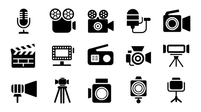 Set of sixteen black and white media and film production icons