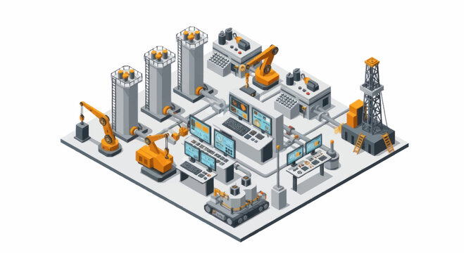Industrial factory complex with automated machinery and control systems.