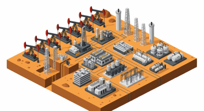 Oil industry complex with pumpjacks and refineries isometric view.
