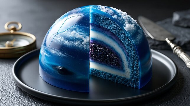 Eine aufgeschnittene Halbkugel-Torte, die den Planeten Neptun mit blauen und wei&szlig;en Schichten und Wolkenstrukturen nachbildet, auf einem dunklen Teller.