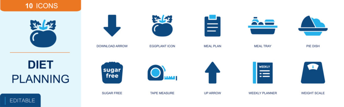 Diet planning icon set. Containing meal plan, meal tray, pie dish, sugar free label, tape measure, weekly planner, weight scale, tomato icon, up arrow and more. Solid fill vector icons.