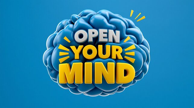 Ein hellblaues 3D-Gehirn mit dem Schriftzug &bdquo;Open Your Mind" in gelben und wei&szlig;en Buchstaben auf blauem Hintergrund.