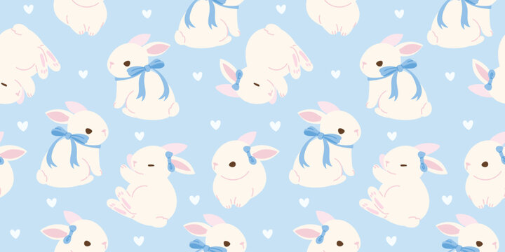Cute white rabbits with blue ribbon seamless pattern background. Bunny design on blue wallpaper and heart. Adorable animal character illustration for tiles, fabric, packaging.