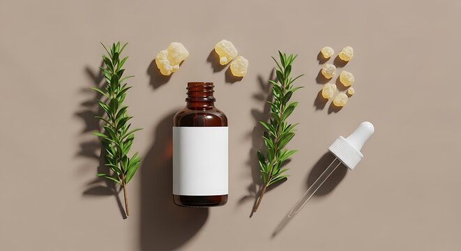 Cistus essential oil product presentation with fresh cistus leaves and resin incense chunks on a neutral beige background for aromatherapy and spa beauty