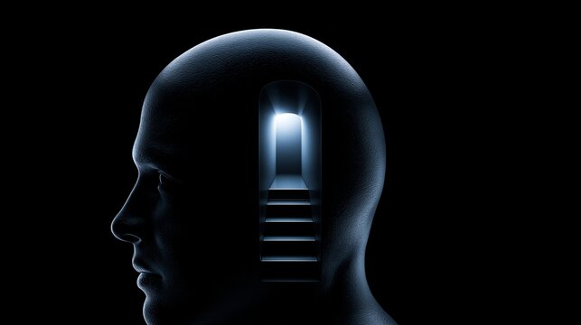 Ein menschlicher Kopf im Profil mit einer leuchtenden ge&ouml;ffneten T&uuml;r und einer Treppe im Inneren des Kopfes, symbolisch f&uuml;r Gedanken und M&ouml;glichkeiten.