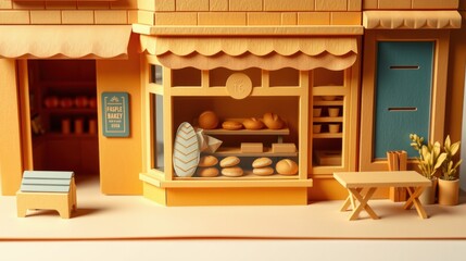 Fototapeta premium Warm bakery storefront. Simple design, wooden textures, inviting display. Light glows from within, creating cozy atmosphere.