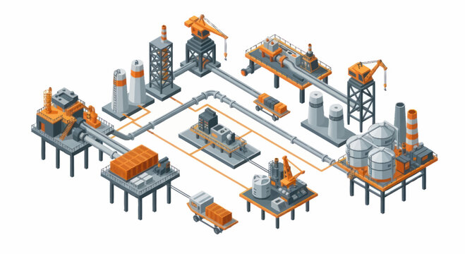Industrial factory complex with pipelines and machinery.
