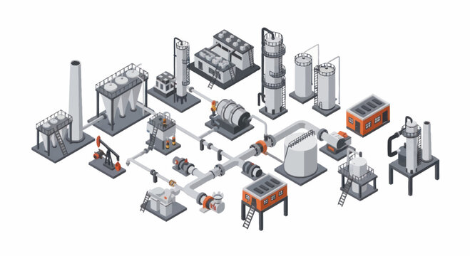 Industrial factory equipment and machinery isometric illustration.