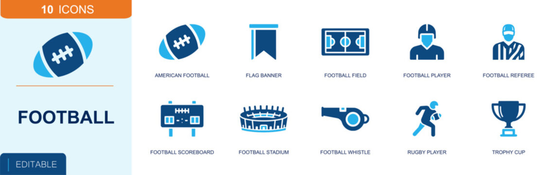 American football icon set. Containing football ball, flag, field layout, football player, referee, scoreboard, stadium arena, whistle, trophy cup and more. Solid fill vector icons.