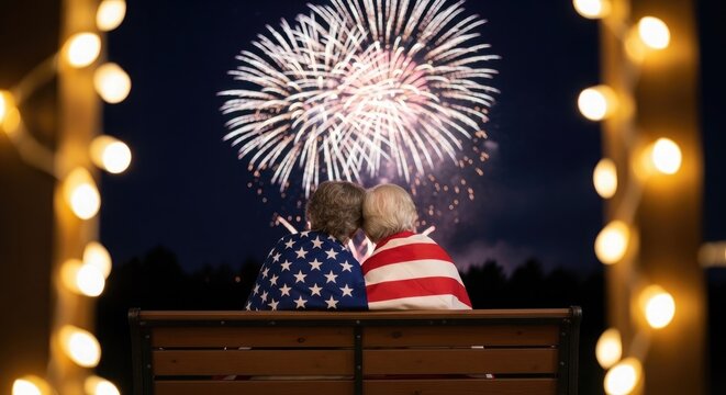 Senior couple watching fireworks display on independence day celebration