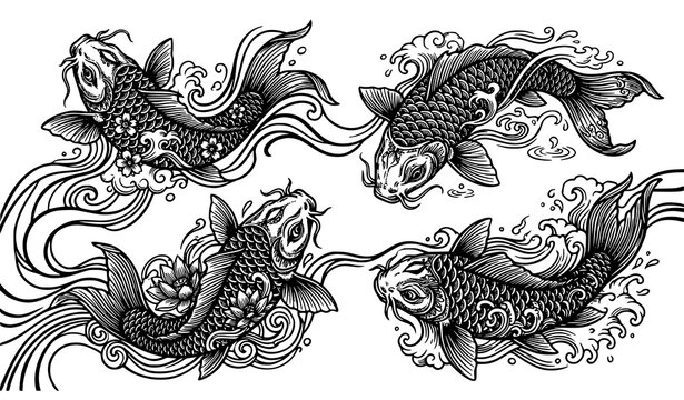 Traditional Asian ornamental koi fish engraving style vector illustration with detailed black line artwork collection