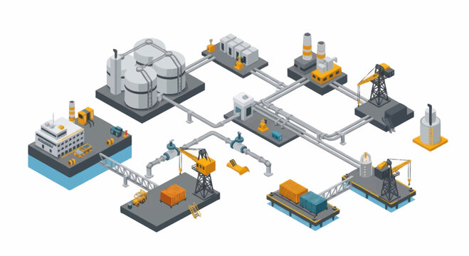 Industrial complex with oil rig and refinery connected by pipelines.
