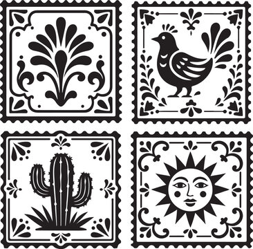 Mexican tile designs, traditional Talavera patterns, black and white vector icons, decorative square tiles