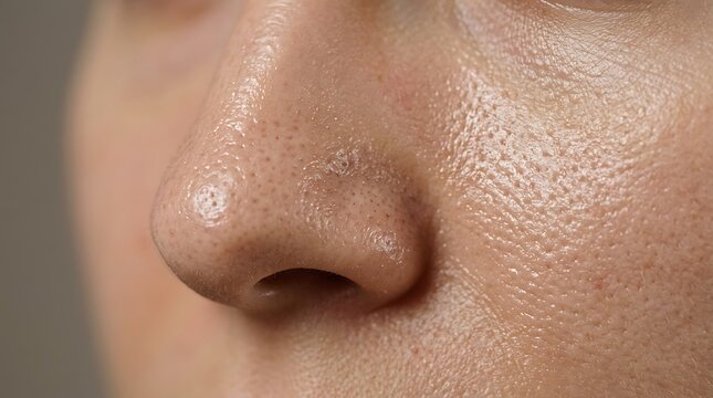 Extreme Close-up of Human Nose with Visible Pores and Natural Skin Texture, Detailed Macro Shot of Facial Skin Condition