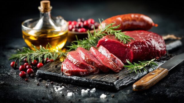Raw venison meat is prepared on a wooden cutting board with rosemary and cranberries.