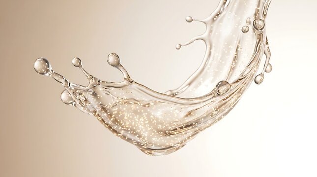 Dynamic Golden Effervescent Liquid Splash: Sparkling Flow with Bubbles and Droplets on a Cream Gradient Background