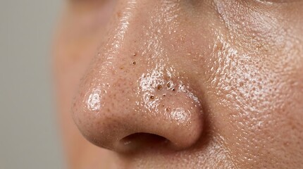 Fototapeta premium Detailed close-up of human nose with visible blackheads and enlarged pores on oily, shiny skin, highlighting common facial imperfections and skinca...