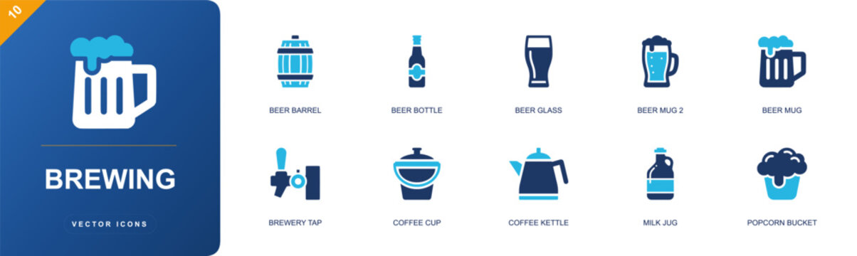 Brewing icon set. Containing beer barrel, beer bottle, beer glass, beer mug, brewery tap, coffee kettle, milk jug, popcorn bucket, coffee cup and more. Solid fill vector style icons.